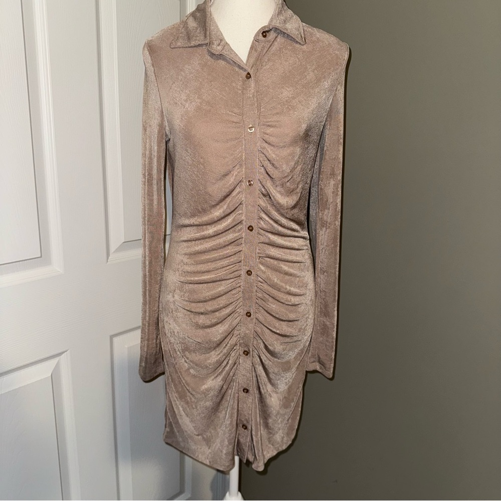 Cotton On Women's Bowie Shirt Mini Dress L Long Sleeve Ruched Front in‎ Latte
